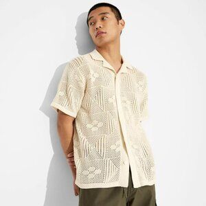 NEW Men's Short Sleeve Knit Button-Down Shirt- Original Use™ Cream Small